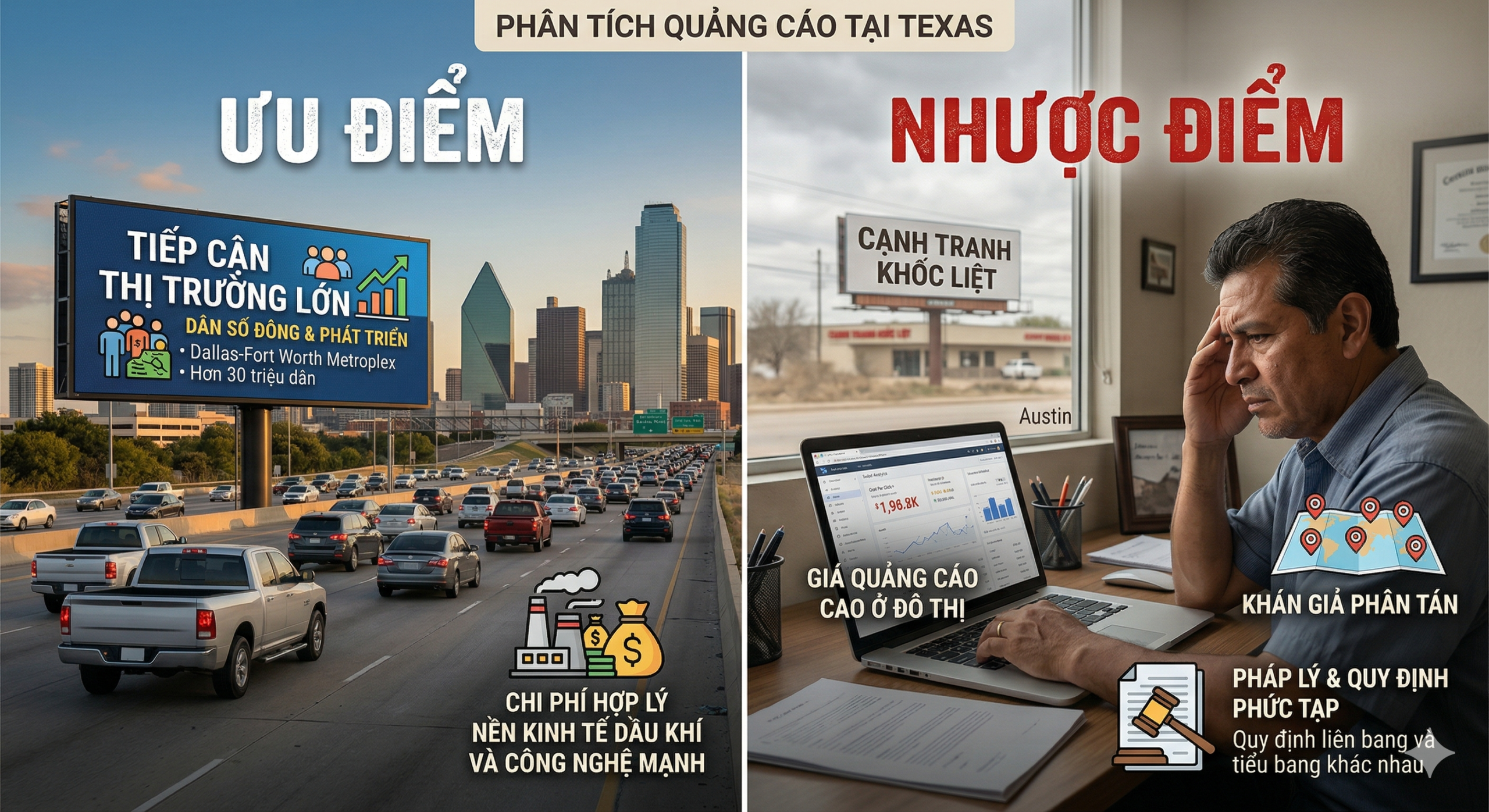 Phân tích ưu nhược điểm quảng cáo tại Texas Dallas Austin cho doanh nghiệp - KC Global Marketing
