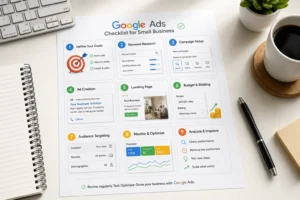 Infographic 9 bước triển khai Google Ads cho doanh nghiệp nhỏ: Từ xác định mục tiêu, nghiên cứu từ khóa, tối ưu Landing Page đến phân tích và cải thiện hiệu quả chiến dịch.