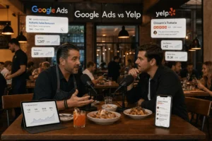 Podcast thảo luận so sánh hiệu quả giữa Google Ads và Yelp cho ngành nhà hàng, phân tích chỉ số lượt nhấp (Clicks), đặt chỗ (Reservations) và đánh giá khách hàng (Reviews).
