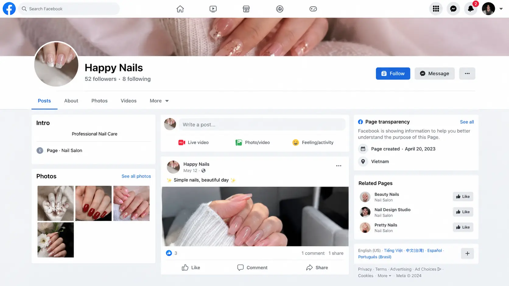 Nail salon fanpage with low follow count
